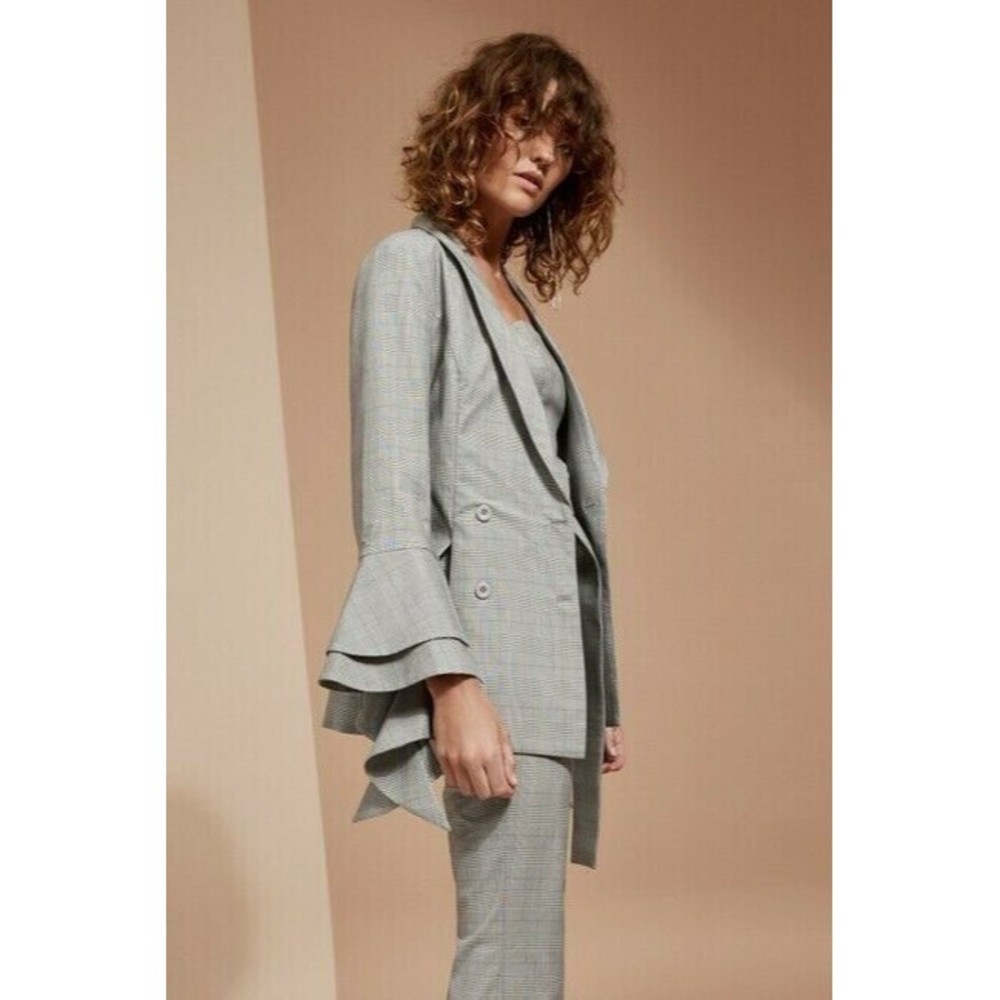 C/MEO Collective We Woke Up Plaid Ruffle Sleeve Double Breast Blazer Gray XS
